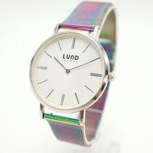 LUND London Iridescent Mesh Strap 39mm Minimal White Dial Watch w New Battery